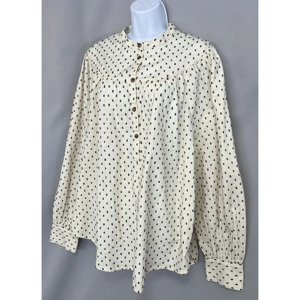 Old Navy Blouse Women's XL Tall Cream Black Swiss Dot Henley Long Sleeve Top
